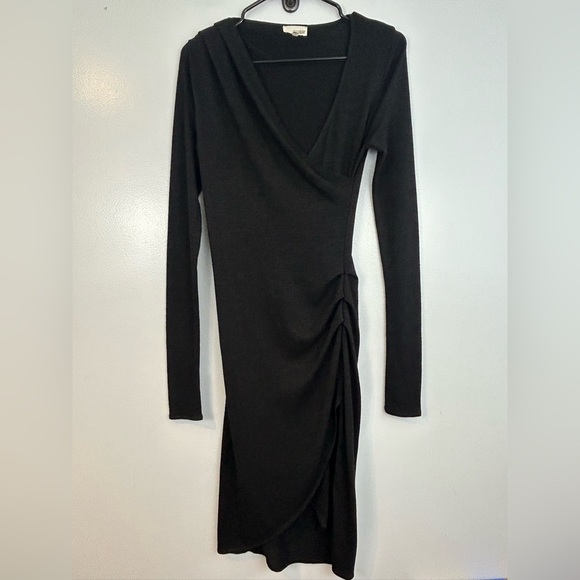Wilfred Free Aritzia Black Long Sleeve Wrap Ruched Midi Dress Size Small - Picture 2 of 13